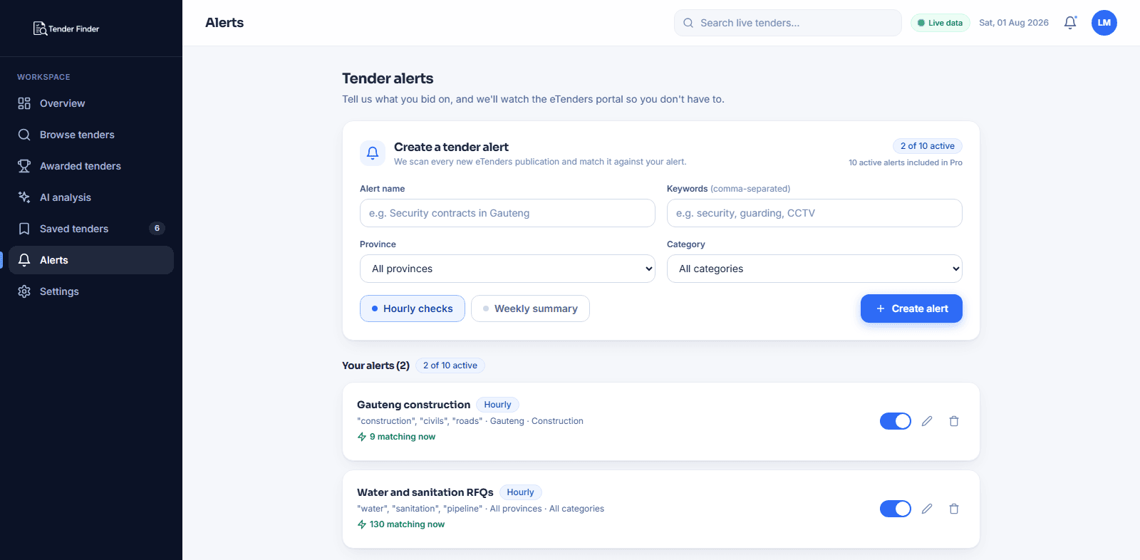 The TenderFinder alerts screen, where a business sets keywords and provinces to be emailed matching tenders
